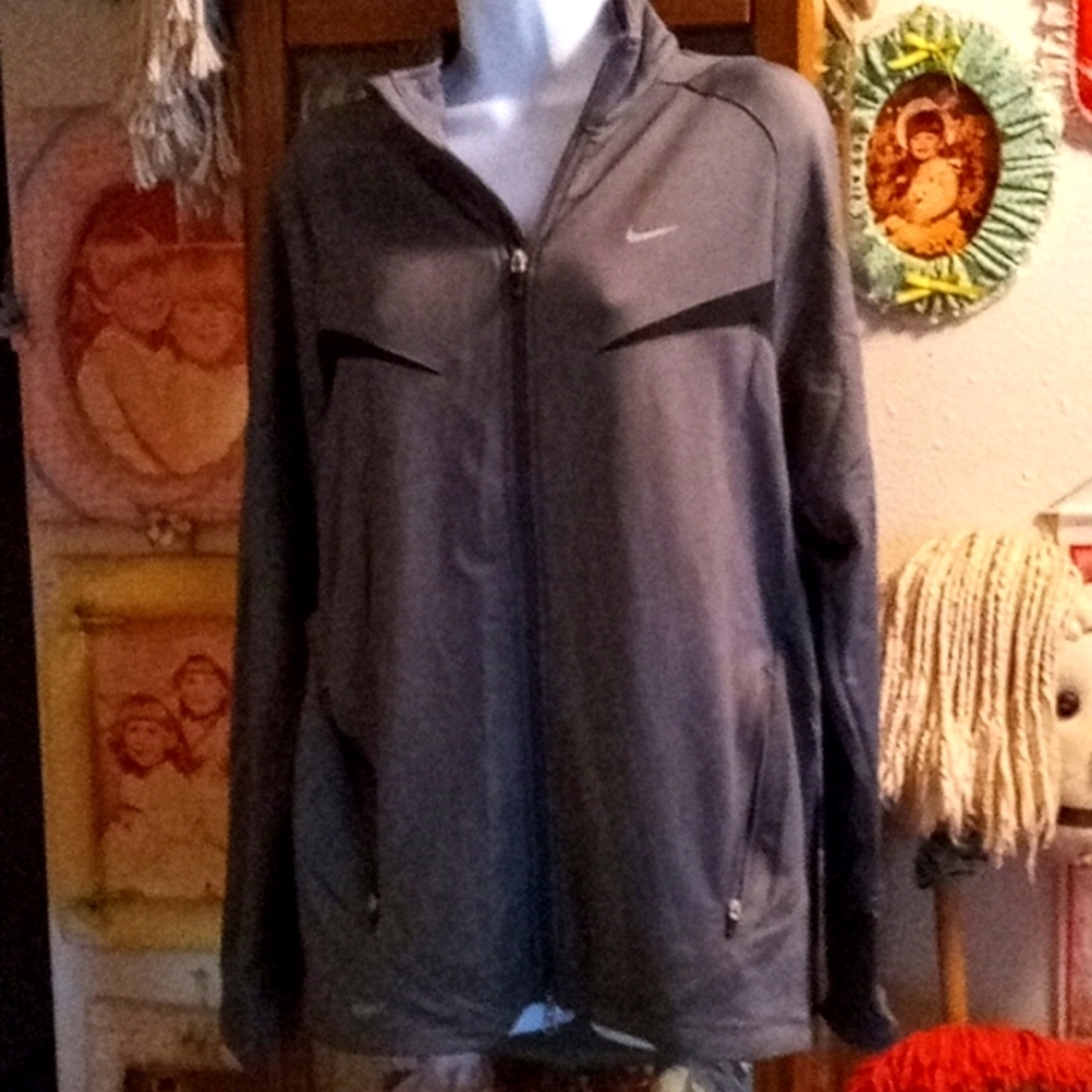 Nike, Like New, Dark Gray, Running Jacket with Black Stripes & Reflective Trim